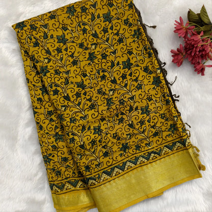 Mehandhi yellow ajrak hand block printed pure dola silk saree, benarasi zari woven double side borders, hand block printed pallu, running blouse with borders.(DRY CLEAN RECOMMENDED , MILD STAINS AND DYES ARE NOT DEFECTS). NS99