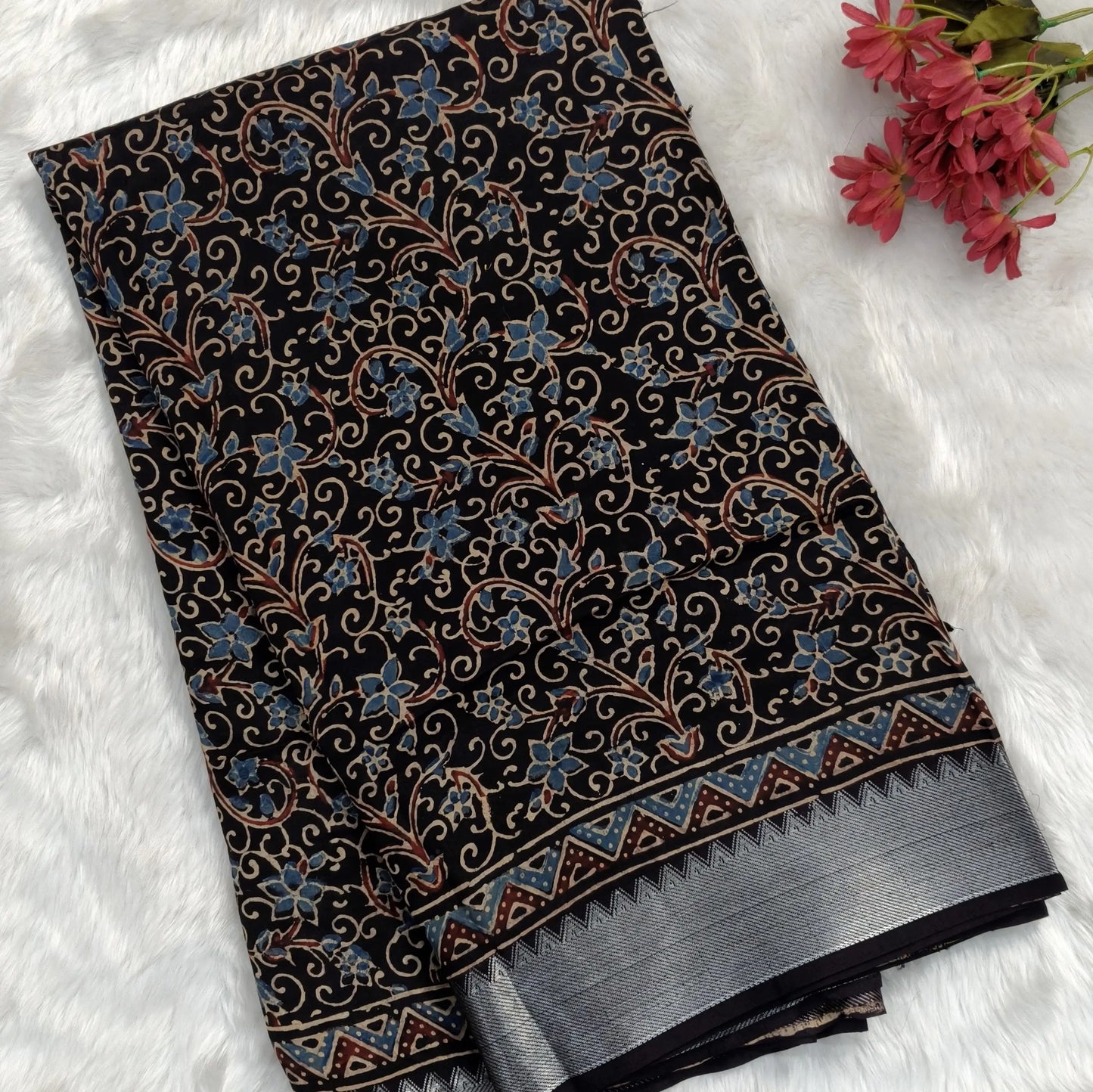 Black ajrak hand block printed pure dola silk saree, benarasi zari woven double side borders, hand block printed pallu, running blouse with borders.(DRY CLEAN RECOMMENDED , MILD STAINS AND DYES ARE NOT DEFECTS). NS102