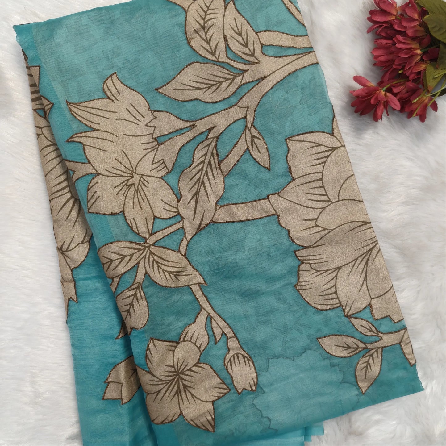 Designer pastel blue organza saree with kalamkari art silk applique work(soft, thin)rich pallu,digital printed art silk blouse. NS116