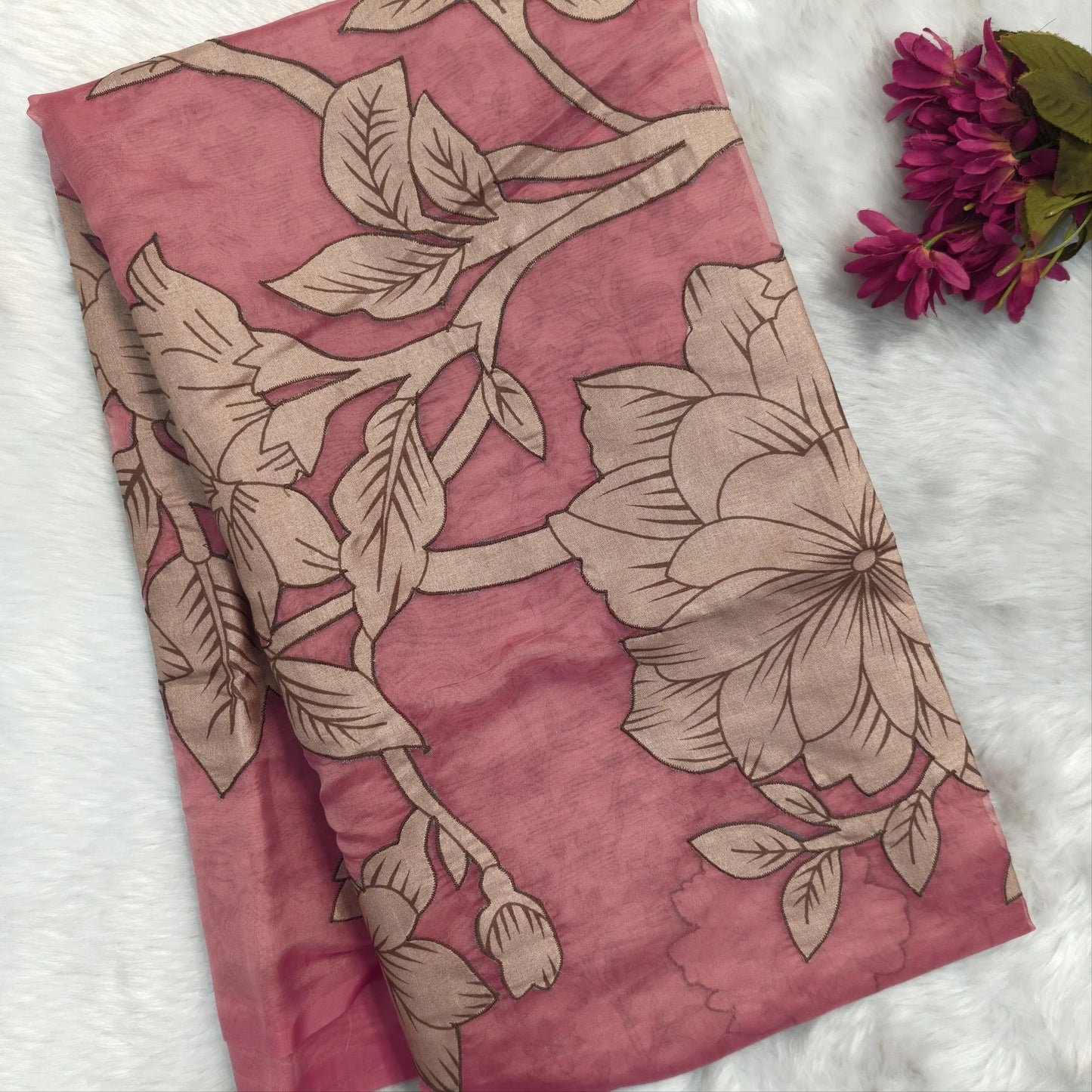 Designer pastel pink organza saree with kalamkari art silk applique work(soft, thin)rich pallu,digital printed art silk blouse. NS117