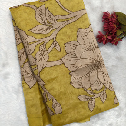Designer golden yellow organza saree with kalamkari art silk applique work(soft, thin)rich pallu,digital printed art silk blouse. NS118