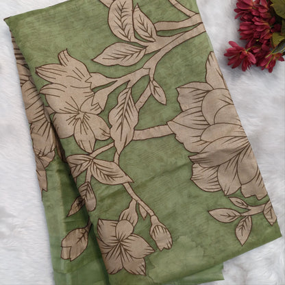 Designer light sage green organza saree with kalamkari art silk applique work(soft, thin)rich pallu,digital printed art silk blouse. NS119