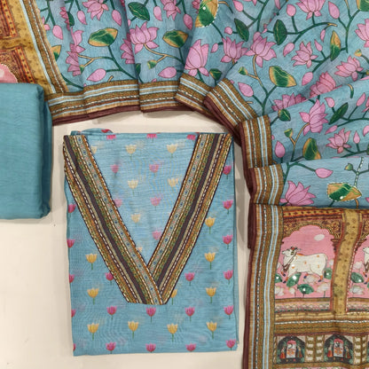 Pastel blue digital printed silk cotton unstitched salwar material, v neck with Katha stitch(lining needed)matching spun cotton bottom, printed silk cotton dupatta with kantha stitch &sequins. CODE JL242616