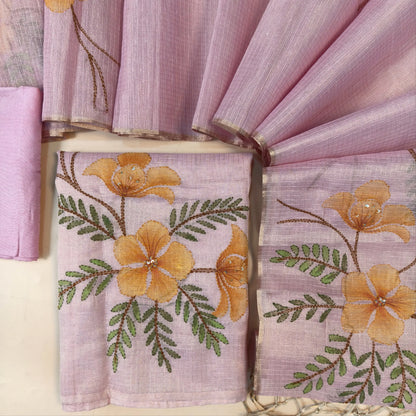 Designer pastel pink golden tint tissue kota unstitched salwar material, floral design with hand brush paint, kantha stitch and sequins on front,(lining needed)santoon bottom,floral printed and brush paint on tissue kota dupatta. AG262122