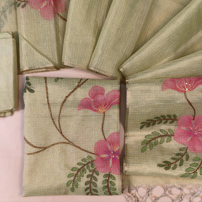 Designer Pastel Green golden tint tissue kota unstitched salwar material, floral design with hand brush paint, kantha stitch and sequins on front,(lining needed)santoon bottom,floral printed and brush paint on tissue kota dupatta. AG262125
