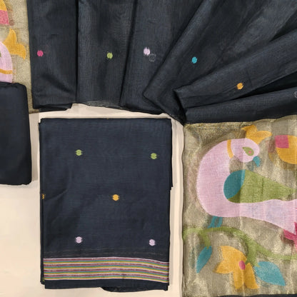 Black premium silk cotton jamdani woven unstitched salwar material, thread woven buttas all over (Thin, Lining Needed) matching silk cotton bottom, jamdani woven silk cotton dupatta with rich weaving on tissue pallu. TAPINGS NEEDED. AG262611