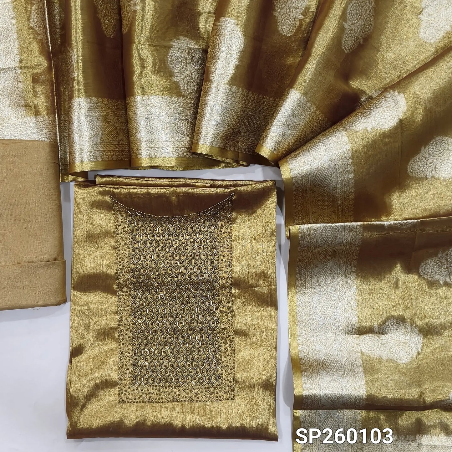 Gold premium tissue silk unstitched salwar material, rich cut bead and sugar bead detailing on yoke (Shimmer, Lining Needed) Matching santoon bottom, tissue silk benarasi zari woven dupatta. SP260103