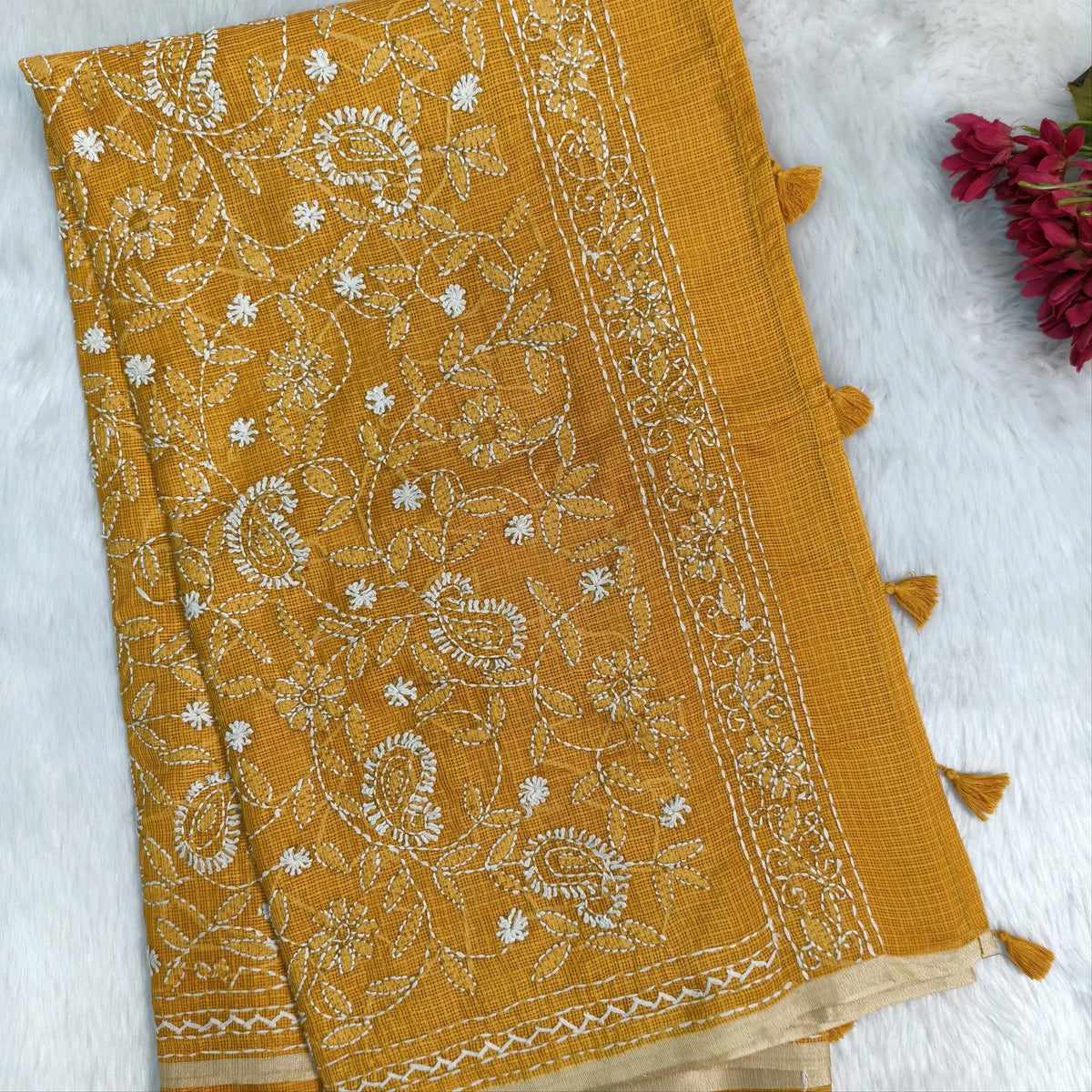Yellow premium kota silk saree(soft, thin)with rich hand embroidery work all over,thin tissue borders,rich embroidered pallu,running blouse with embroidery and borders. NS290