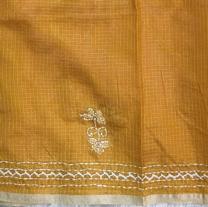 Yellow premium kota silk saree(soft, thin)with rich hand embroidery work all over,thin tissue borders,rich embroidered pallu,running blouse with embroidery and borders. NS290
