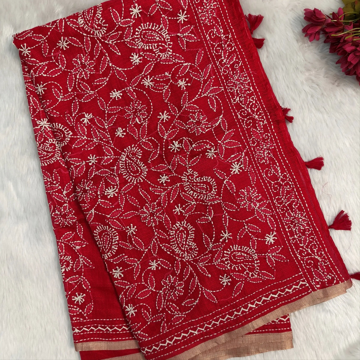Bright red premium kota silk saree(soft, thin)with rich hand embroidery work all over,thin tissue borders,rich embroidered pallu,running blouse with embroidery and borders. NS289