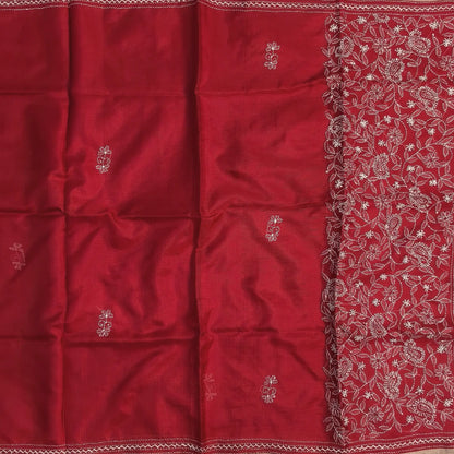 Bright red premium kota silk saree(soft, thin)with rich hand embroidery work all over,thin tissue borders,rich embroidered pallu,running blouse with embroidery and borders. NS289