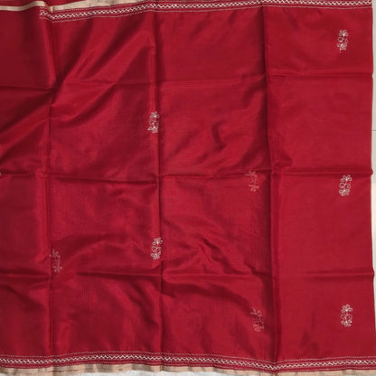Bright red premium kota silk saree(soft, thin)with rich hand embroidery work all over,thin tissue borders,rich embroidered pallu,running blouse with embroidery and borders. NS289