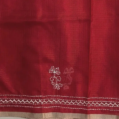 Bright red premium kota silk saree(soft, thin)with rich hand embroidery work all over,thin tissue borders,rich embroidered pallu,running blouse with embroidery and borders. NS289