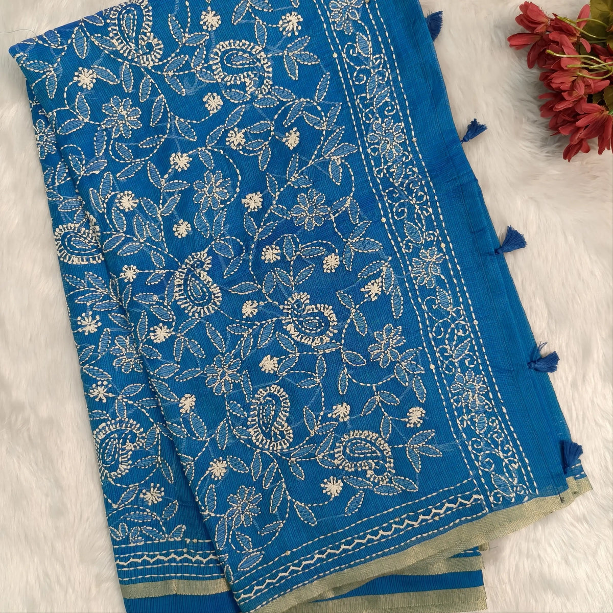 Turquoise blue premium kota silk saree(soft, thin)with rich hand embroidery work all over,thin tissue borders,rich embroidered pallu,running blouse with embroidery and borders. NS292