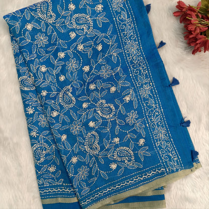 Turquoise blue premium kota silk saree(soft, thin)with rich hand embroidery work all over,thin tissue borders,rich embroidered pallu,running blouse with embroidery and borders. NS292