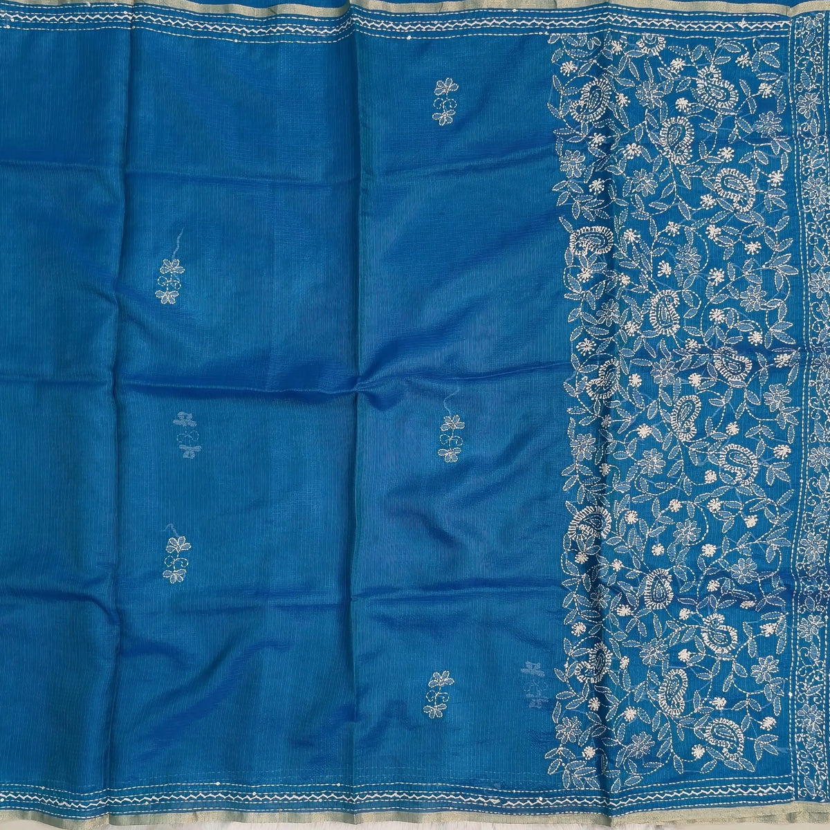 Turquoise blue premium kota silk saree(soft, thin)with rich hand embroidery work all over,thin tissue borders,rich embroidered pallu,running blouse with embroidery and borders. NS292