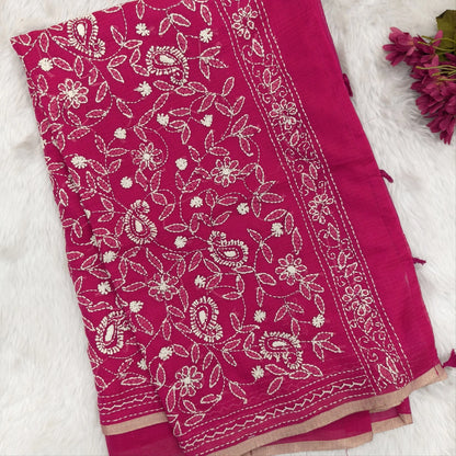 Bright pink premium kota silk saree(soft, thin)with rich hand embroidery work all over,thin tissue borders,rich embroidered pallu,running blouse with embroidery and borders. NS291