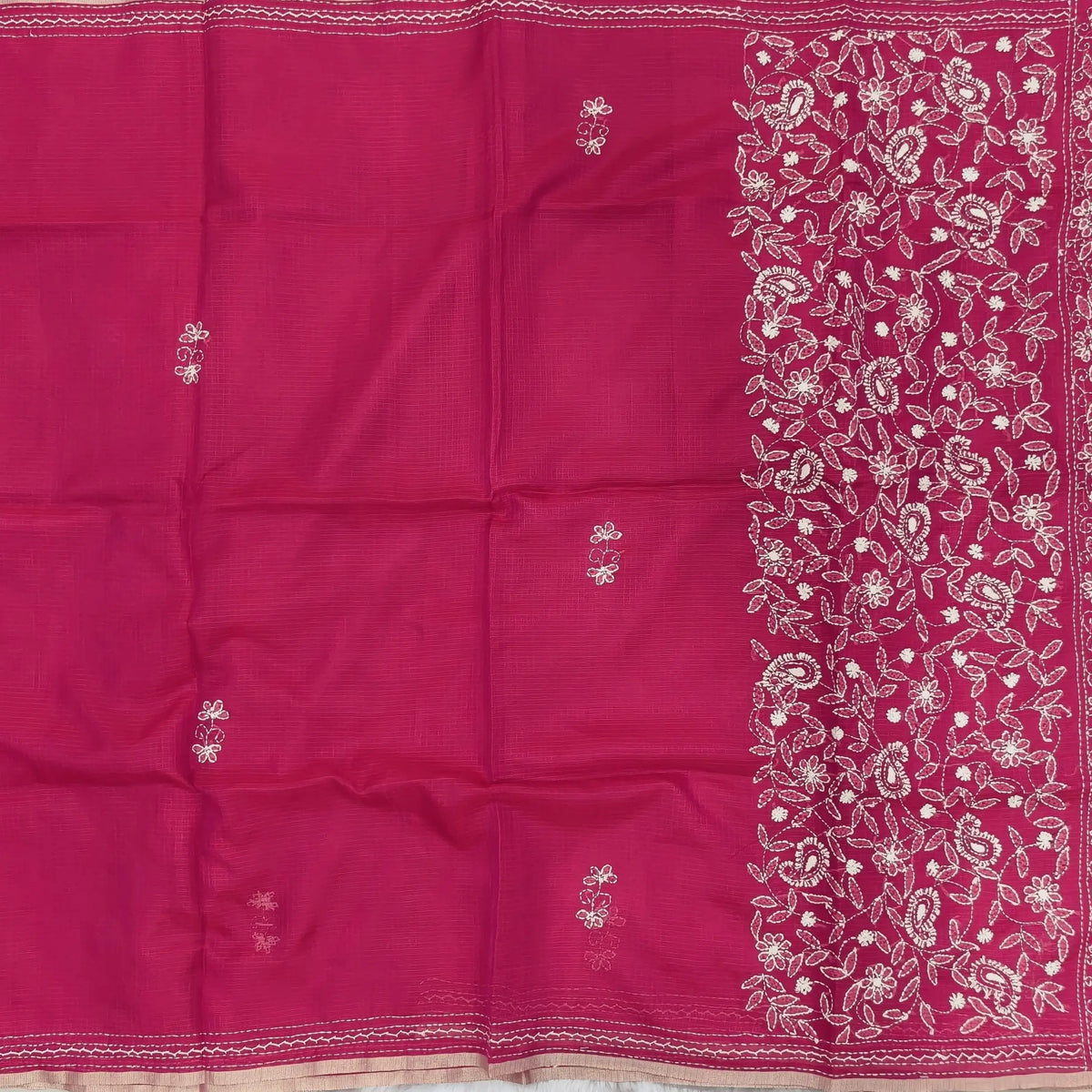 Bright pink premium kota silk saree(soft, thin)with rich hand embroidery work all over,thin tissue borders,rich embroidered pallu,running blouse with embroidery and borders. NS291