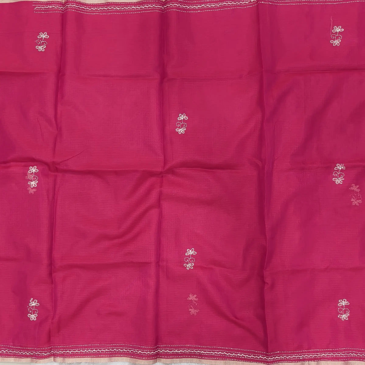 Bright pink premium kota silk saree(soft, thin)with rich hand embroidery work all over,thin tissue borders,rich embroidered pallu,running blouse with embroidery and borders. NS291
