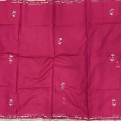 Bright pink premium kota silk saree(soft, thin)with rich hand embroidery work all over,thin tissue borders,rich embroidered pallu,running blouse with embroidery and borders. NS291