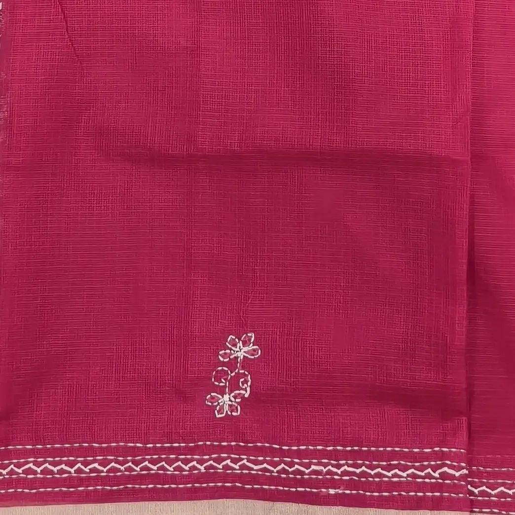 Bright pink premium kota silk saree(soft, thin)with rich hand embroidery work all over,thin tissue borders,rich embroidered pallu,running blouse with embroidery and borders. NS291