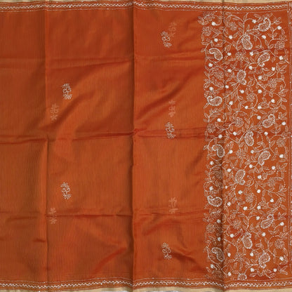 Rust orange premium kota silk saree(soft, thin)with rich hand embroidery work all over,thin tissue borders,rich embroidered pallu,running blouse with embroidery and borders. NS293