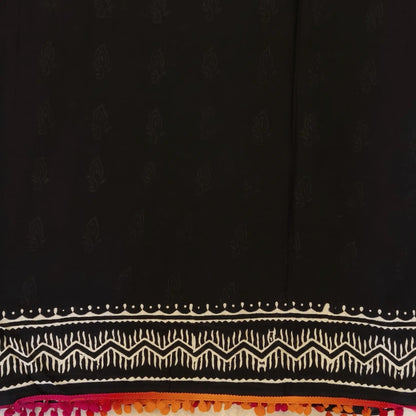 Black soft cotton printed saree with pom pom tapings (Thin, Soft)printed pallu, plain running blouse with borders. NS297