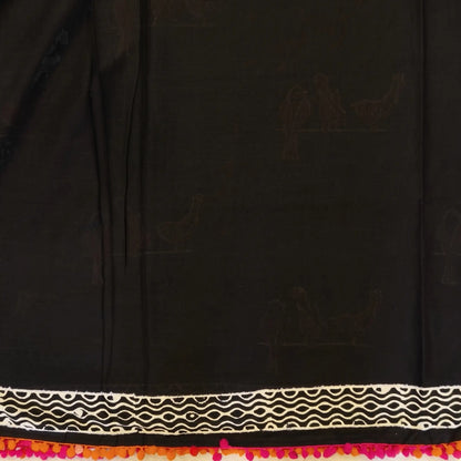 Black soft cotton printed saree with pom pom tapings (Thin, Soft)printed pallu, plain running blouse with borders. NS296