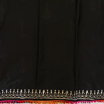 Black soft cotton printed saree with pom pom tapings (Thin, Soft)printed pallu, plain running blouse with borders. NS295