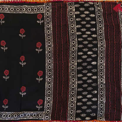 Black soft cotton printed saree with pom pom tapings (Thin, Soft)printed pallu, plain running blouse with borders. NS294