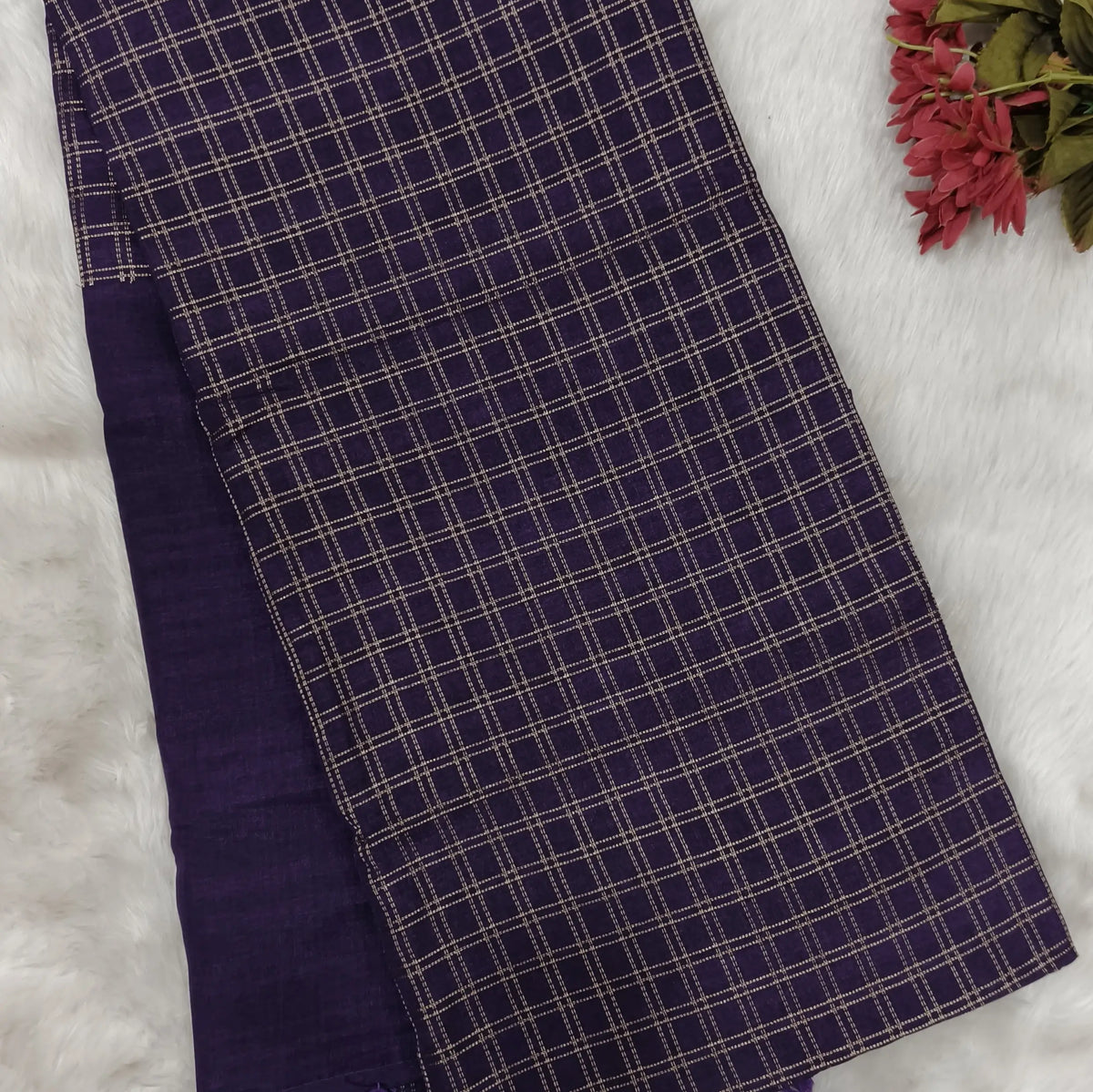 Dark purple soft semi tussar saree (Soft, Thin) thread weaving all over, short plain  pallu, plain running blouse with thin borders. NS303
