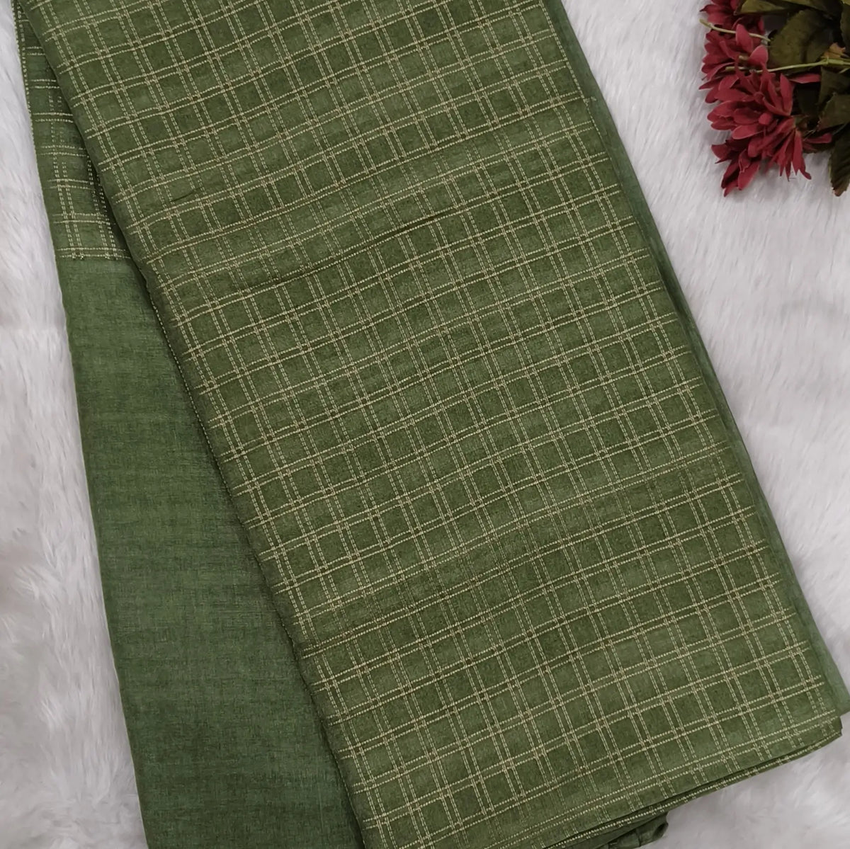 Light sage green soft semi tussar saree (Soft, Thin) thread weaving all over, short plain  pallu, plain running blouse with thin borders. NS301