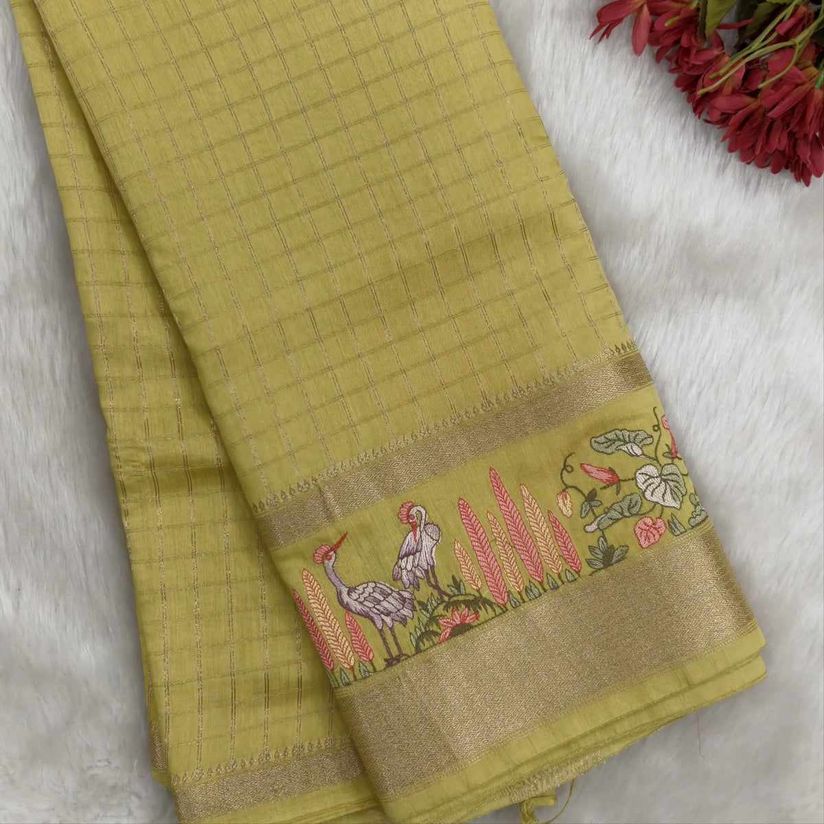 Designer pastel yellow assam silk saree with zari stripes all over (Soft, Thin) embroidered gap borders, zari stripes on pallu, running bluose with zari stripes and borders. NS305