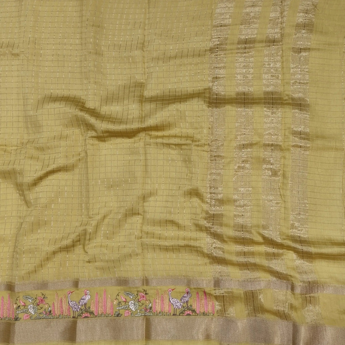 Designer pastel yellow assam silk saree with zari stripes all over (Soft, Thin) embroidered gap borders, zari stripes on pallu, running bluose with zari stripes and borders. NS305