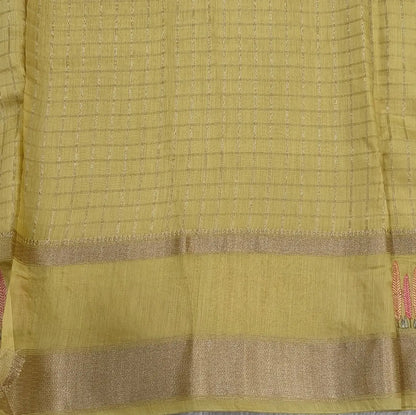 Designer pastel yellow assam silk saree with zari stripes all over (Soft, Thin) embroidered gap borders, zari stripes on pallu, running bluose with zari stripes and borders. NS305