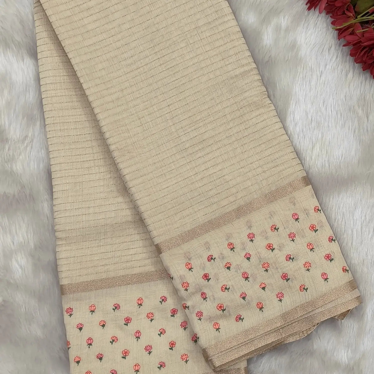 Designer off white assam silk saree with zari stripes all over (Soft, Thin) embroidered gap borders, zari stripes on pallu, running bluose with zari stripes and borders. NS304