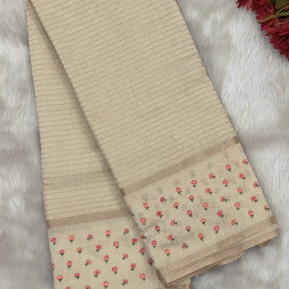 Designer off white assam silk saree with zari stripes all over (Soft, Thin) embroidered gap borders, zari stripes on pallu, running bluose with zari stripes and borders. NS304