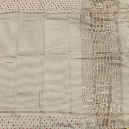 Designer off white assam silk saree with zari stripes all over (Soft, Thin) embroidered gap borders, zari stripes on pallu, running bluose with zari stripes and borders. NS304