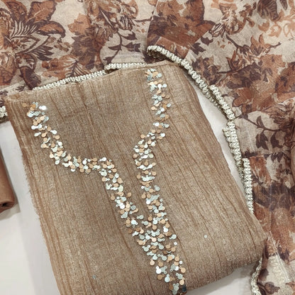 Light chocolate brown with golden tint crushed organza silk unstitched salwar material,sequins work on yoke(lining needed)santoon bottom, digital printed crushed tissue silk dupatta with fancy lace tapping. SP261803