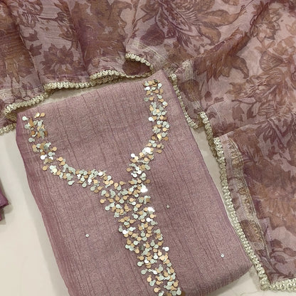 Pink with golden tint crushed organza silk unstitched salwar material,sequins work on yoke(lining needed)santoon bottom, digital printed crushed tissue silk dupatta with fancy lace tapping. SP261801