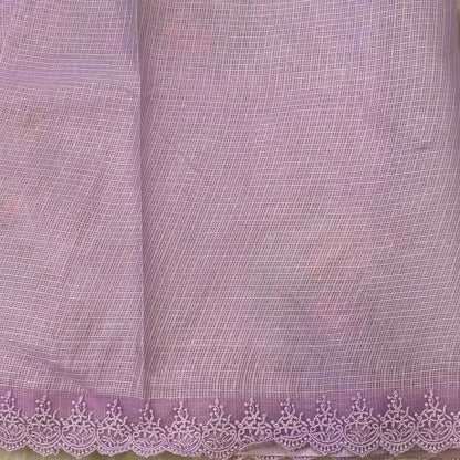 Pastel purple premium kota saree with embroidered bird and floral motifs all over (Thin, Lightweight) lace tapings as borders, rich embroidered pallu, plain running blouse. NS309
