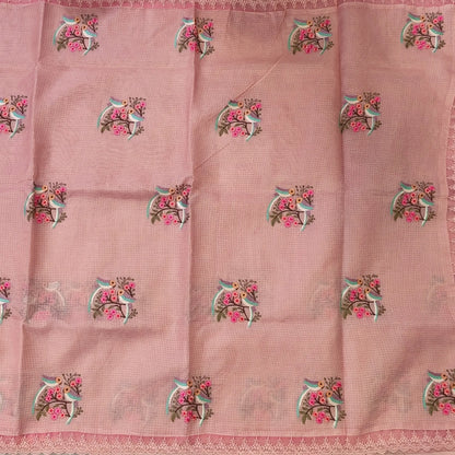 Pastel peach premium kota saree with embroidered bird and floral motifs all over (Thin, Lightweight) lace tapings as borders, rich embroidered pallu, plain running blouse. NS306