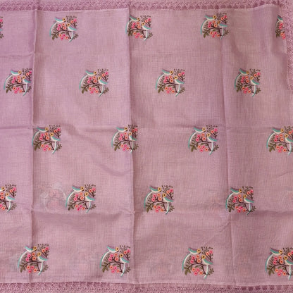 Pastel pink premium kota saree with embroidered bird and floral motifs all over (Thin, Lightweight) lace tapings as borders, rich embroidered pallu, plain running blouse. NS308