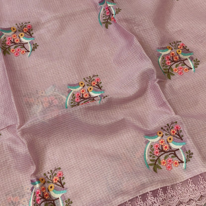 Pastel pink premium kota saree with embroidered bird and floral motifs all over (Thin, Lightweight) lace tapings as borders, rich embroidered pallu, plain running blouse. NS308