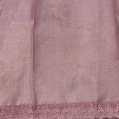 Pastel pink premium kota saree with embroidered bird and floral motifs all over (Thin, Lightweight) lace tapings as borders, rich embroidered pallu, plain running blouse. NS308