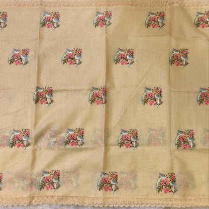 Pastel yellow premium kota saree with embroidered bird and floral motifs all over (Thin, Lightweight) lace tapings as borders, rich embroidered pallu, plain running blouse. NS307