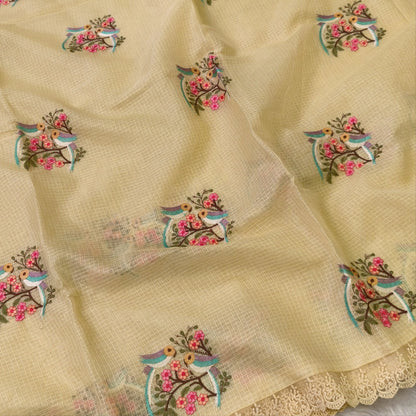 Pastel yellow premium kota saree with embroidered bird and floral motifs all over (Thin, Lightweight) lace tapings as borders, rich embroidered pallu, plain running blouse. NS307