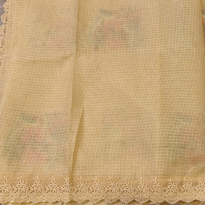 Pastel yellow premium kota saree with embroidered bird and floral motifs all over (Thin, Lightweight) lace tapings as borders, rich embroidered pallu, plain running blouse. NS307