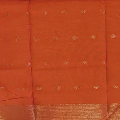 Orange semi tussar saree, with rich traditional zari weaving all over (thin, Textured) rich pallu, running blouse with zari woven buttas and borders. NS316
