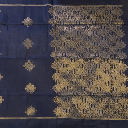 Dark blue semi tussar saree, with rich traditional zari weaving all over (thin, Textured) rich pallu, running blouse with zari woven buttas and borders. NS312